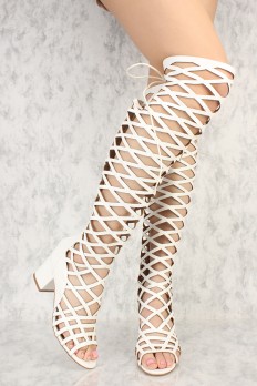 gladiator shoes white caged open toe knee high chunky heels gladiator sandals faux leather APGHTNV