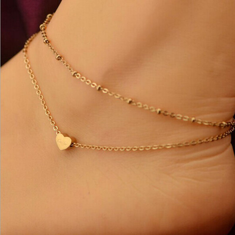 gold anklet designs saatleri 2017 best selling lovely gold elegant double chain heart bead CHRNCXJ