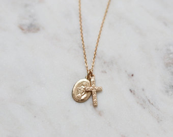 gold charms for necklace tiny gold charm necklace - virgin mary necklace - cross necklace - IZGYJBE