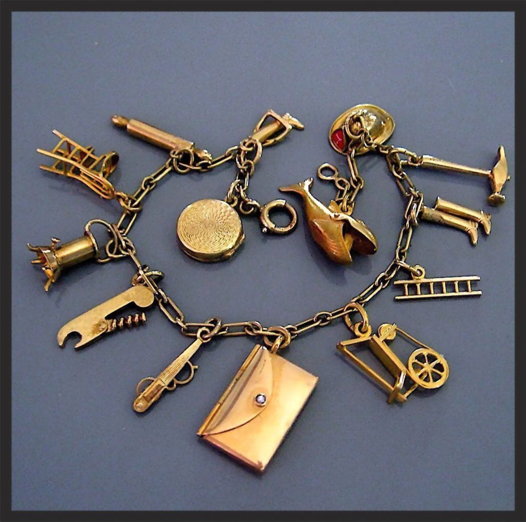 gold charms rare vintage 14k gold charm bracelet movable mechanical charms LVSVHTF