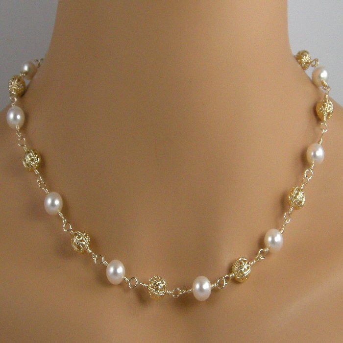 gold filigree white pearl necklace, gold bead, white pearl necklace OQWXOHY