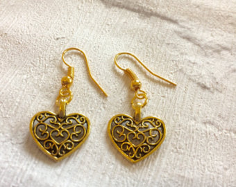 gold heart earrings, gold earrings, heart earrings, lattice heart earrings,  gold HRZIOMG