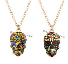 gold tone sugar skull pendant necklace fashion funky jewellery AGMHPDO