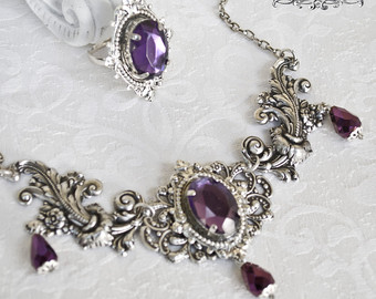 gothic jewelry the queen jewelry set of ring and necklace-silver and purple jewelry KGFWWYU