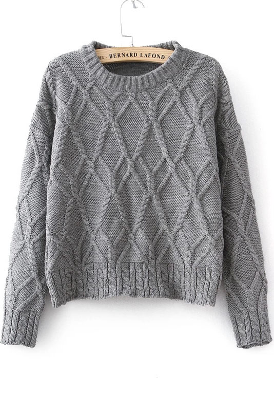 grey long sleeve cable knit sweater -shein(sheinside) ZATQLFM