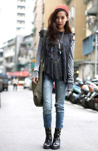 grunge fashion black shoes from 1950s fashion and funky loose top with beanie HSJPQRI