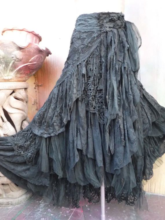 gypsy skirt gothic, black lace, shabby, maxi skirt, boho, mori girl, stevie nicks,  bohemian skirt, WPSOWAI