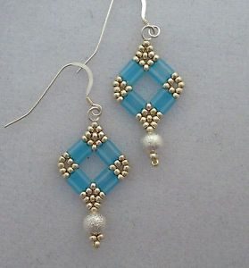 hand beaded earrings blue tila beads, silver beads crystals wire hooks more QBJIWLO