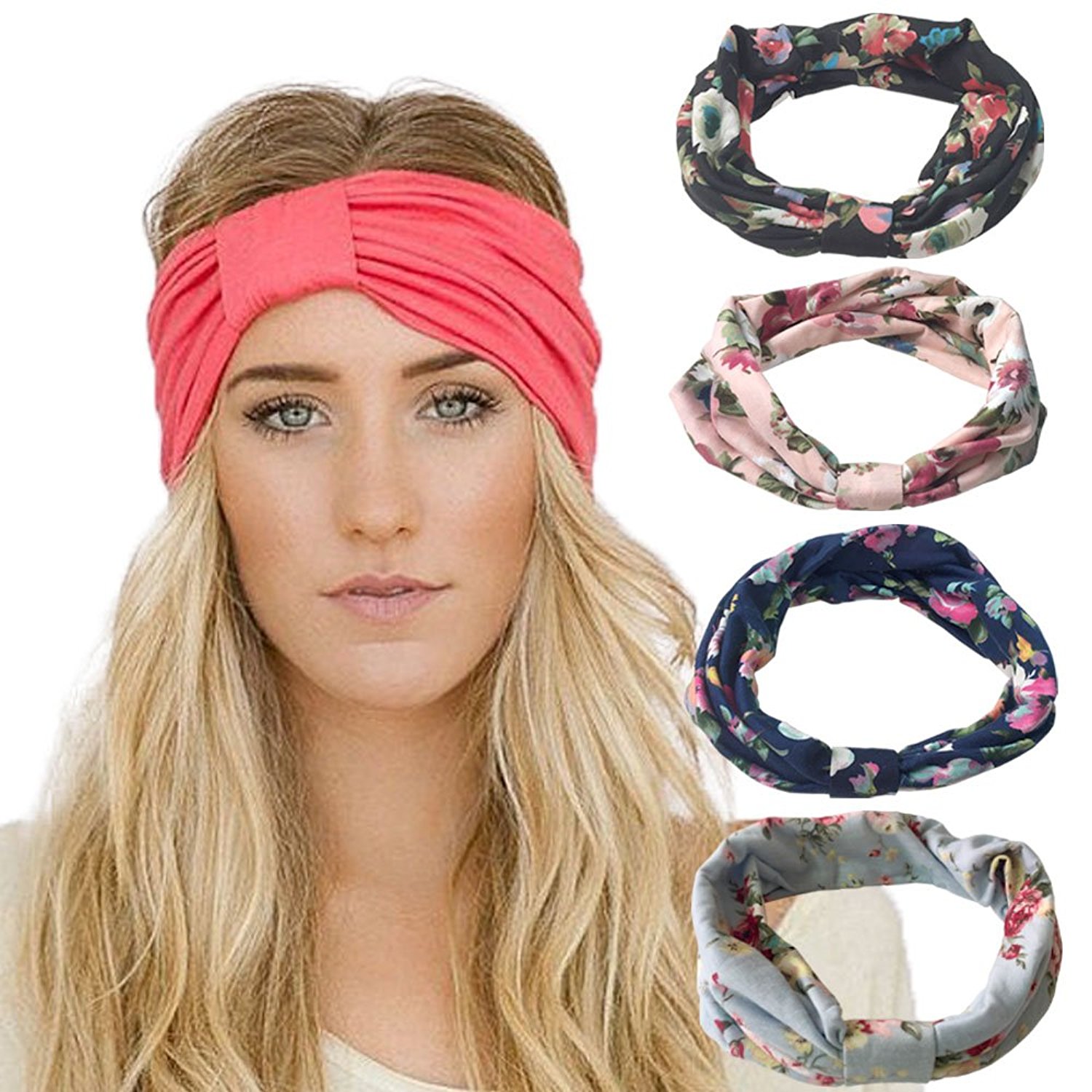 headbands for women 4 pack headbands vintage elastic printed head wrap stretchy moisture solid  color criss YGHPIBS