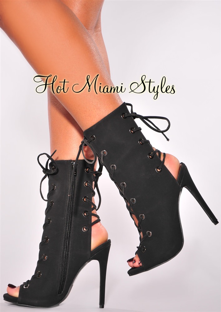 high heel booties black double lace up high heel boots LAJRZVS