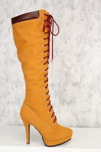 high heel booties honey wheat front lace up platform knee high heel boots nubuck IDGVOPL