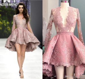 high low blush pink short cocktail dresses sheer long sleeves prom party  gown OYLMUXG