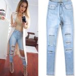 high waist destroyed jeans for women 2016 spring skinny slim ripped  bleached hole RHQZSDD