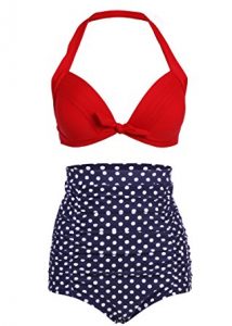 high waist retro bikini swimsuit swimwear with dark blue polka dot bottom  and YZABHMH