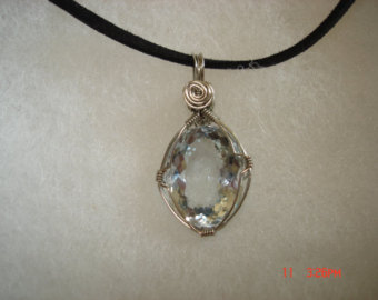 homemade jewelry wire wrap oval aquamarine japanese quartz necklace sparkle birthstone march  birthday YPLBNWY