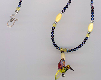 hummingbird jewelry, hummingbird necklace, swarovski pearl necklace,  lampwork necklace, homemade jewelry, DTKIZMN