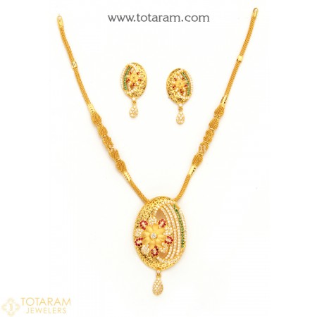 indian gold jewelry 22k gold necklace u0026 earring set with cz u0026 color stones - UYJNXJM