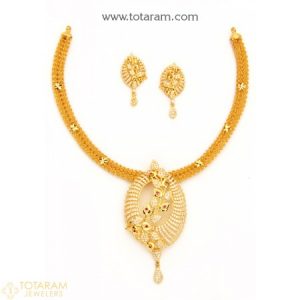 indian gold jewelry 22k gold necklace u0026 earring set with cz u0026 color stones - ZVUQYLZ