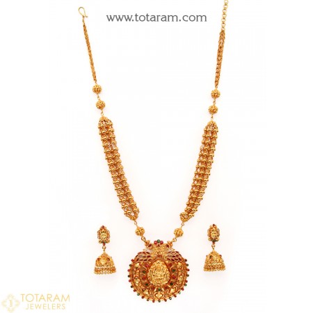 indian gold jewelry 22k gold u0027lakshmiu0027 long necklace u0026 earrings set with ruby(temple jewellery) KBDILGI