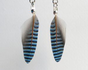 jay wing feather dangle earrings, blue striped feather earrings, jewellery  for YKYGVBG