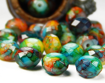 jewelry beads 20 pcs - 6x8mm marble picasso glass beads - multicolor - faceted CZVOWBI