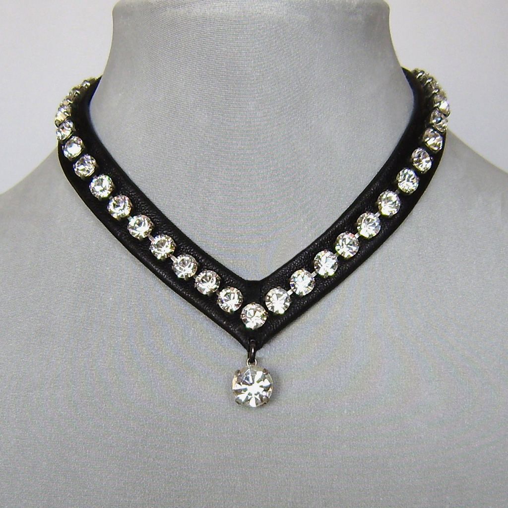 jewelry necklaces swarovski rhinestones leather choker, bold leather and crystals necklace,  high end QSFETZO