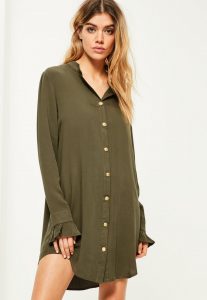 khaki gold button deep cuff shirt dress TRDHZLR