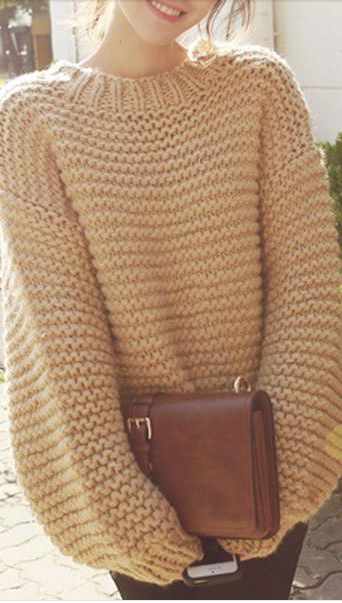 knit sweater fashionable puff sleeve round neck solid color womenu0027s sweater BSDFMSX