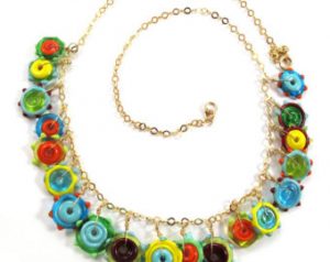 lampwork necklace, handmade glass necklace, handcrafted glass necklace,  funky flowers,14k gold VEHKZUD