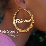 large bamboo earrings with nameplate, gold hoops JQPGFQZ
