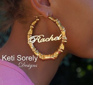 large bamboo earrings with nameplate, gold hoops JQPGFQZ