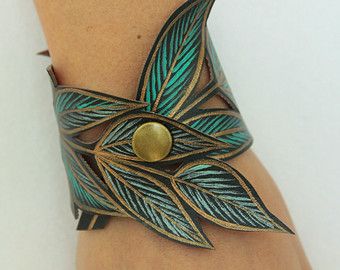 leather jewelry leaf cuff, turquoise leaf bracelet, faux leather hand painted, handmade  jewelry, QKJJERG