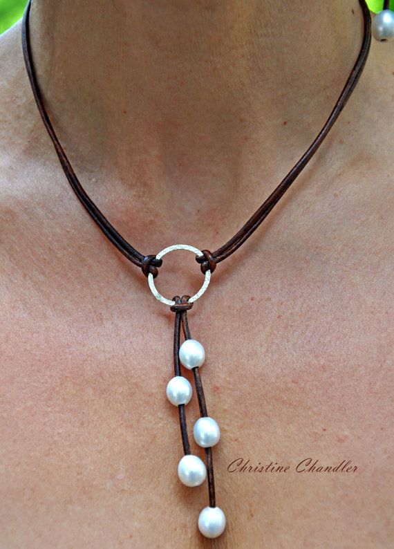 leather jewelry pearl and leather sterling silver lariat necklace - pearl and leather DGJHYUY