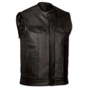 leather vests menu0027s collarless mc black leather vest ... KHEBTKS