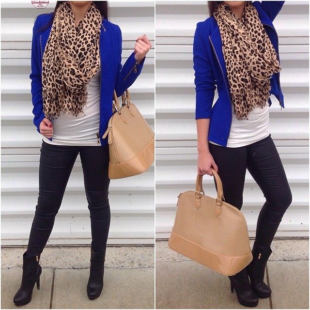 leopard scarf with royal blue cardigan - not keen on the leopard print but SVMYVOA