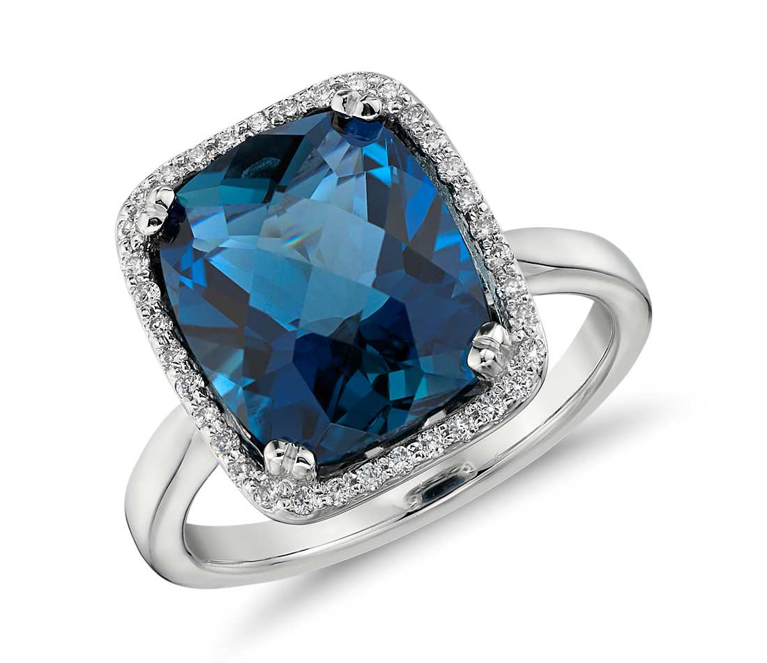 london blue topaz and diamond halo cushion-cut ring in 14k white gold YZVVUUQ