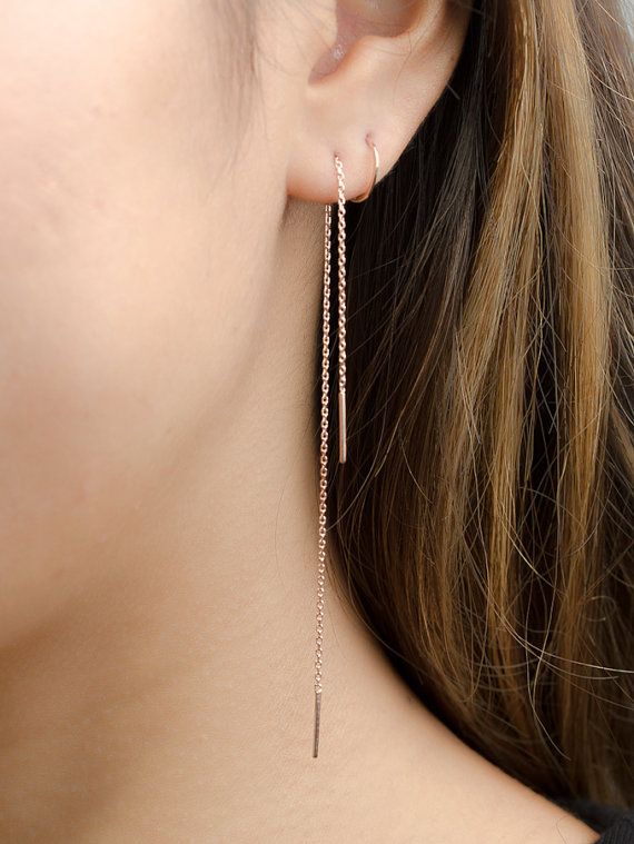 long chain earrings, rose gold threader earrings, delicate chain stick  earrings, LNOJSXD