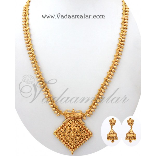long chain necklace pendant and earring set gold plated for sarees salwar VUHCWOQ