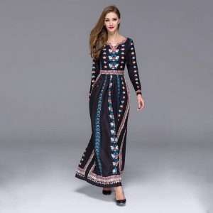 long dresses for women women maxi dresses v neck vintage 70s mexican ethnic floral dress long  sleeves GWJCPFR