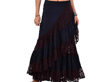long gypsy skirt, wraparound black and brown boho skirt, lace skirt,  bohemian goa CTVRJML