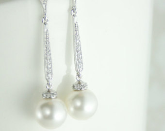 long pearl earrings,bridal pearl drop earrings,pearl drop earring,white pearl  earrings PZBJHDN