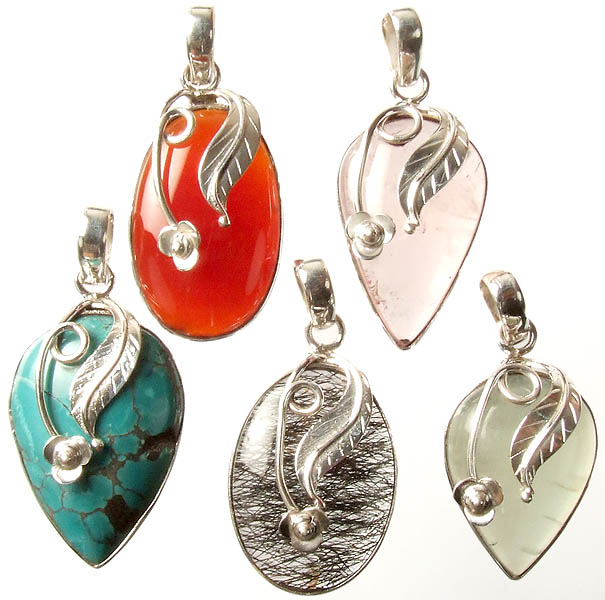 lot of five gemstone pendants (carnelian, rose quartz, turquoise,  tourmalinated quartz URTXMBJ