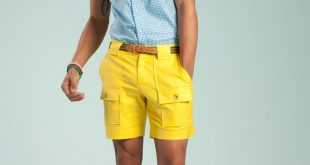 make a light blue gingham short sleeve shirt and yellow shorts your outfit QVRKXNC
