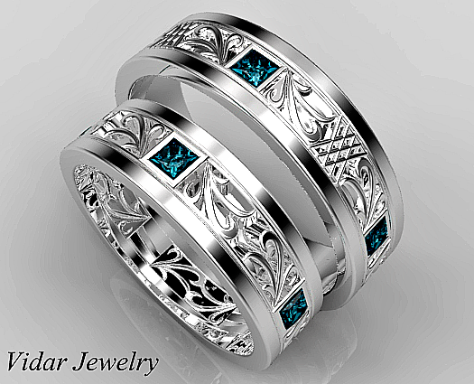 matching wedding rings princess cut blue diamond matching wedding ring set EKXIIGS