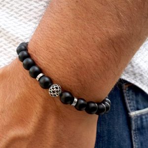 men bracelets mens birthday gift, man black beaded bracelet, silver leaf charm,  balancing, QFSGCTY