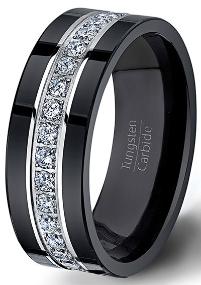 men wedding ring black tungsten ring fully stacked with brilliant diamond mens wedding band PODZKRP