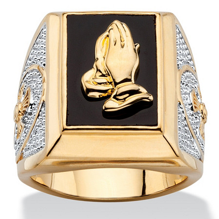 mens gold rings menu0027s emerald-cut genuine black onyx praying hands two-tone ring 14k gold- NBIUBED