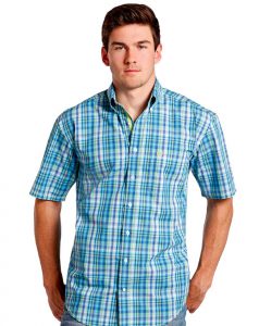 mens short sleeve shirts rough stock menu0027s short sleeve plaid button down shirt - turquoise  (closeout) NJPZIWX