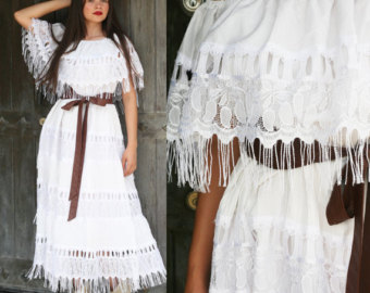 mexican wedding dress (bride bridal lace off shoulder fringe dress boho  wedding vintage NJPJWCA