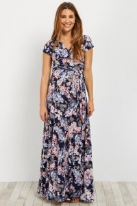 navy floral short sleeve maxi dress ... VOOKTJS